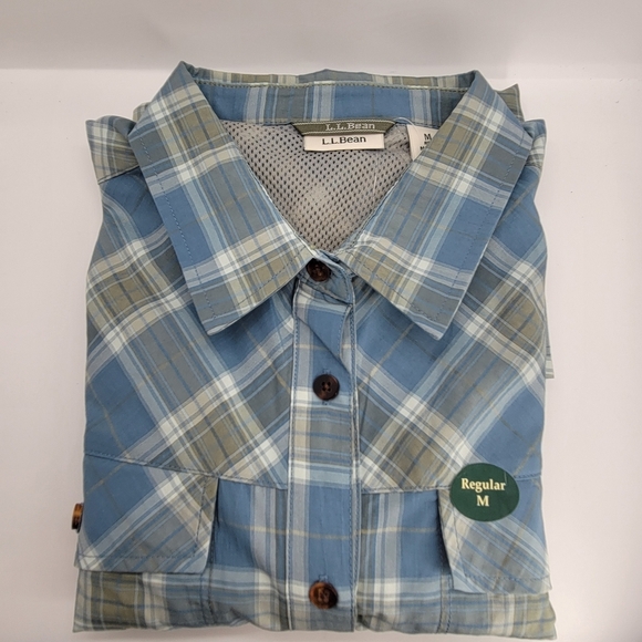 NEW LL Bean Shirt Mens Medium MULTIPLE POCKETS Blue White Button Up Vented Logo - Picture 13 of 13